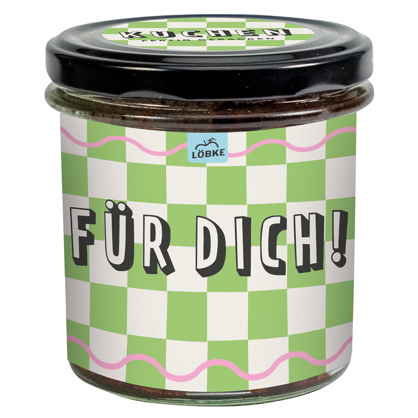 Schoko-Kuchen im Schraubglas mit Grußbotschaft auf dem Etikett: Für Dich