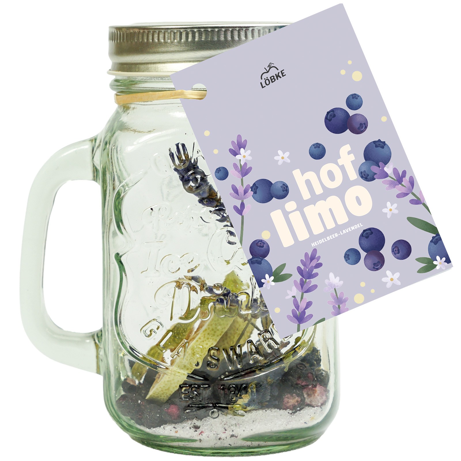 Hof-Limo Heidelbeer-Lavendel, Getränke-Ansatzmischung im Henkelglas Hof-Limo Heidelbeer-Lavendel, Getränke-Ansatzmischung im Henkelglas