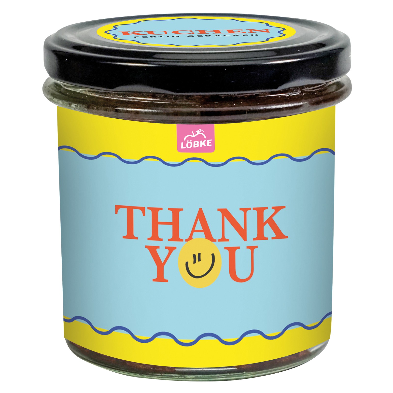 Schoko-Kuchen im Schraubglas mit Grußbotschaft auf dem Etikett: Thank you