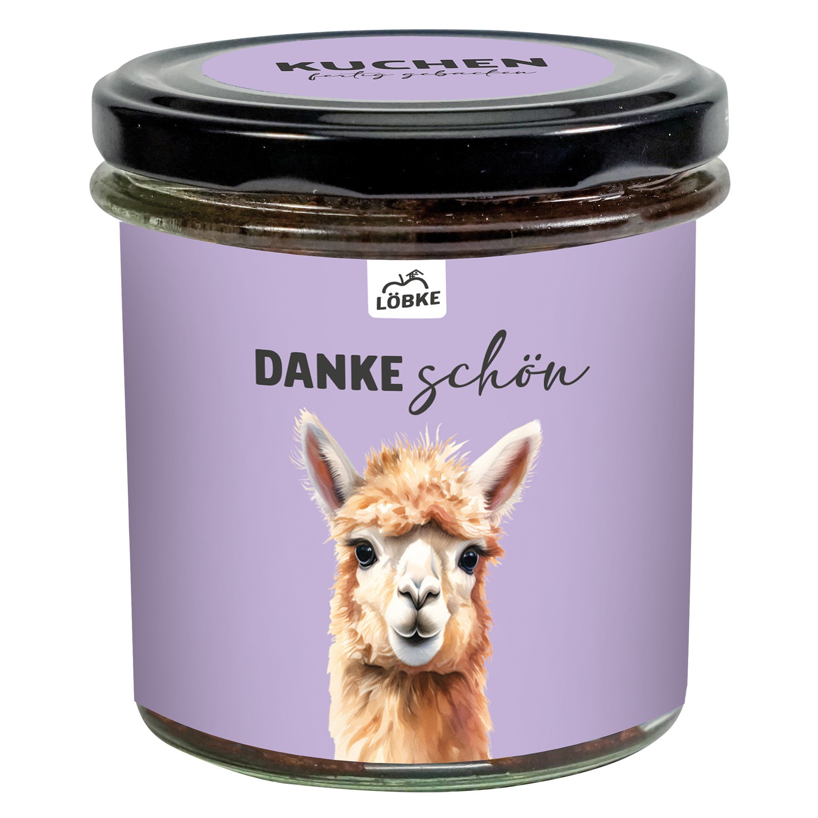 Apfel-Kuchen im Schraubglas mit Alpaka und Grußbotschaft "Dankeschön" auf dem Etikett