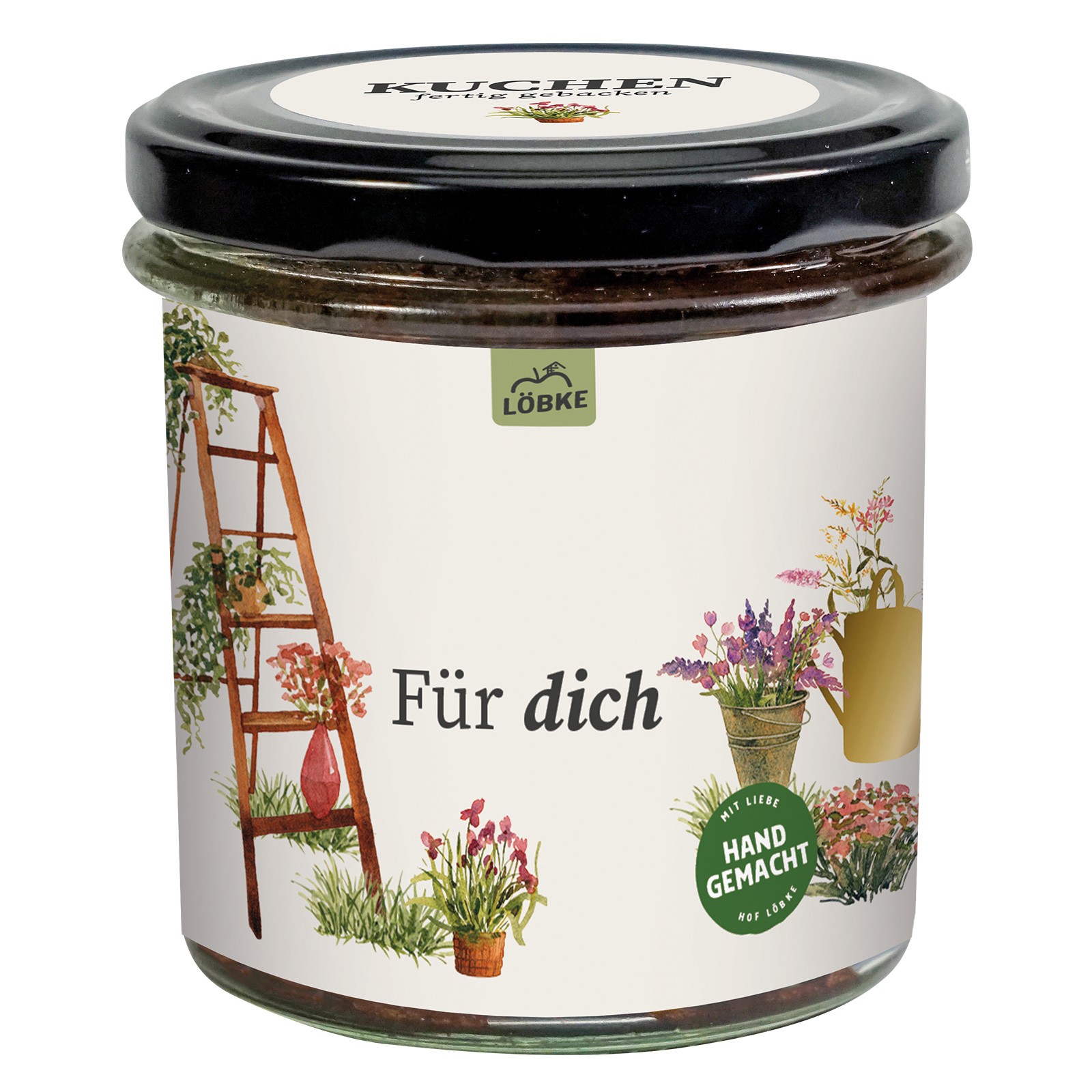 Marmor-Kuchen im Schraubglas mit floralem Motiv und Grußbotschaft "Für Dich" auf dem Etikett Marmor-Kuchen im Schraubglas mit floralem Motiv und Grußbotschaft "Für Dich" auf dem Etikett