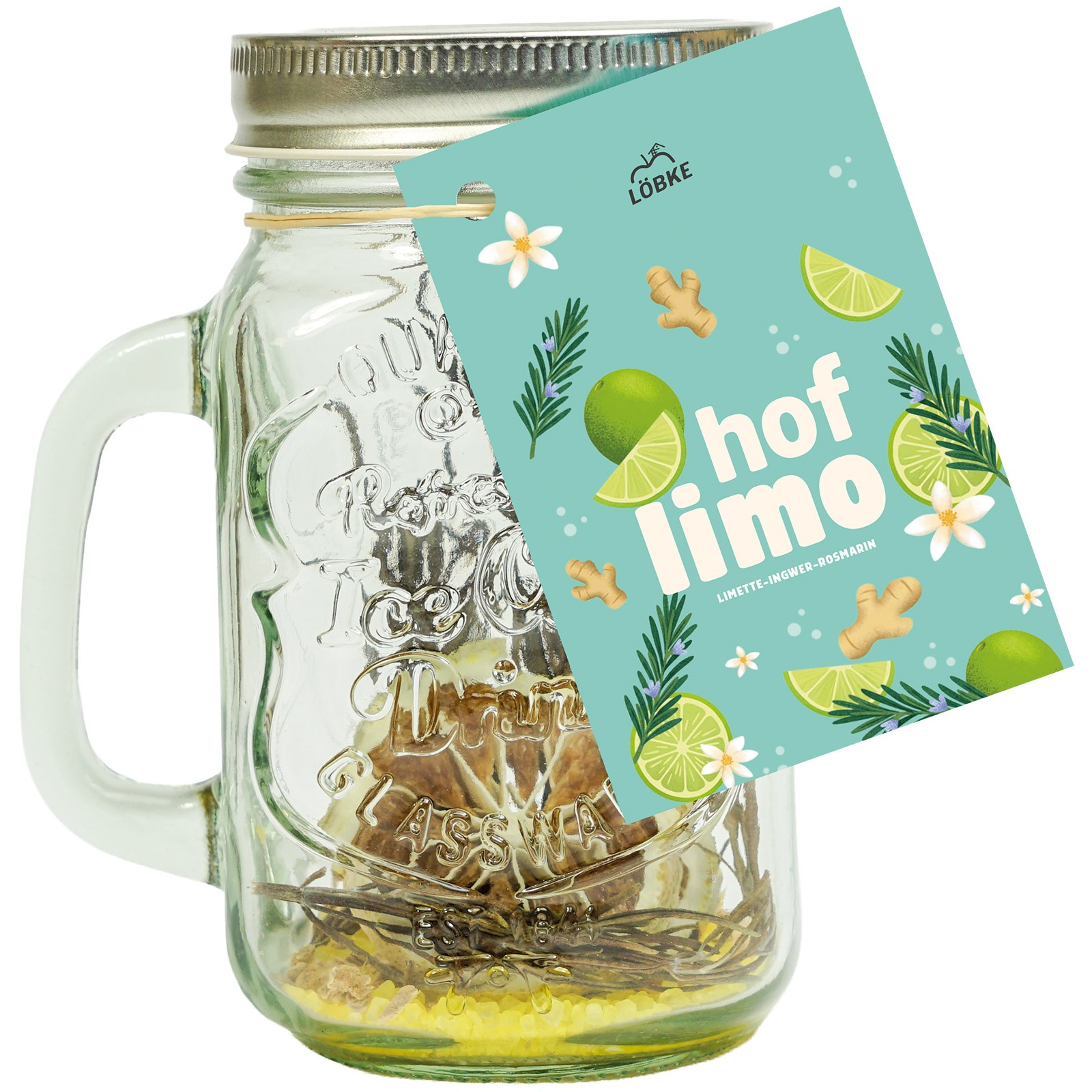 Hof-Limo Limette Rosmarin, Getränke-Ansatzmischung im Henkelglas